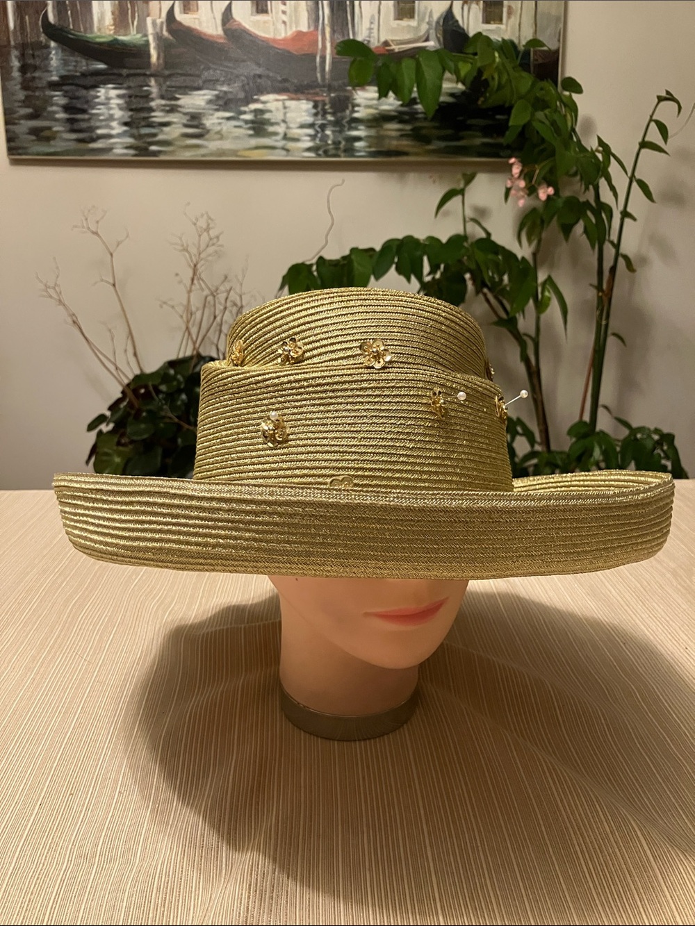 Chic Metallic Straw Wide-Brim Hat with Gold Sequined Floral Embellishments